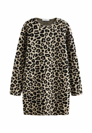 Vestito maglione a motivo leopardato in beige e nero, realizzato in tessuto morbido, con collo rotondo e maniche lunghe.