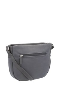 Borsa a tracolla grigia con tasca frontale con zip, tracolla regolabile e texture sottile, progettata per l'uso quotidiano casual.