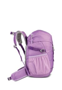 Purple backpack with adjustable straps, mesh padding, and multiple compartments. Features a textured side panel and contrasting pocket.