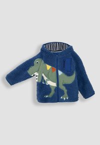 Jachetă din fleece de culoare bleumarin cu o aplicație de dinozaur pe față, dotată cu închidere cu fermoar, glugă și căptușeală cu dungi. Include un buzunar pe piept.