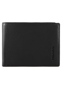 Black leather wallet featuring a textured finish, slim profile, visible stitching, and embossed logo on the front for identification.