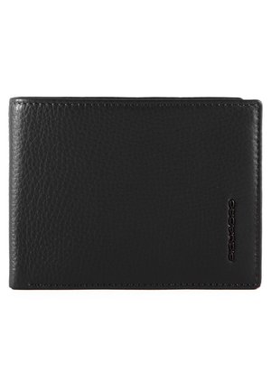 Portefeuille en cuir noir avec une finition texturée, un profil mince, des coutures visibles et un logo en relief sur le devant pour identification.