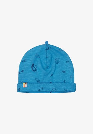 Cappello lavorato a maglia color acquamarina con risvolto, caratterizzato da motivi neri di animali e natura. Include un'anello di tessuto sulla parte superiore e un piccolo tag con il logo.