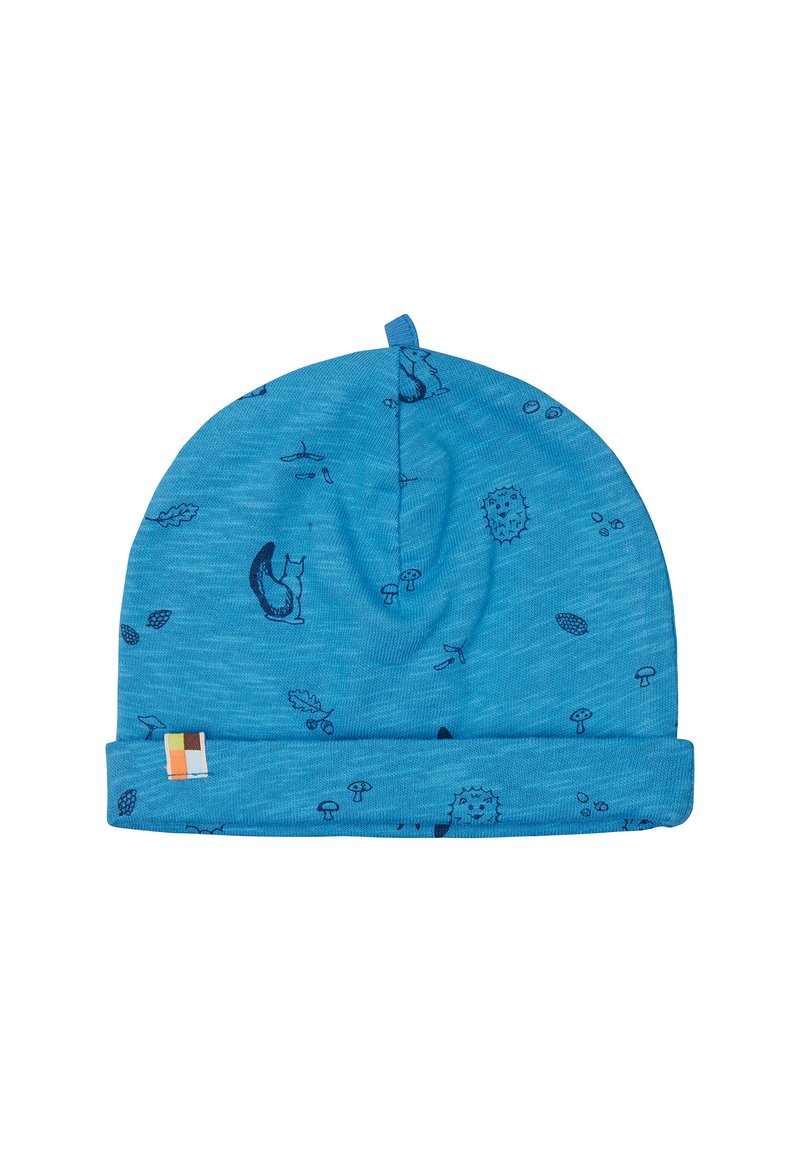 Cappello lavorato a maglia color acquamarina con risvolto, caratterizzato da motivi neri di animali e natura. Include un'anello di tessuto sulla parte superiore e un piccolo tag con il logo.