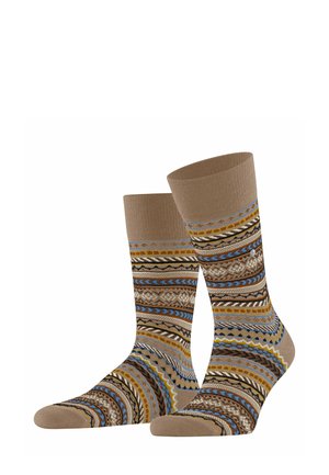 Knielange gemusterte Socken in Braun, mit geometrischen Designs in Blau, Gelb und Schwarz. Rippbund und glatte Textur.