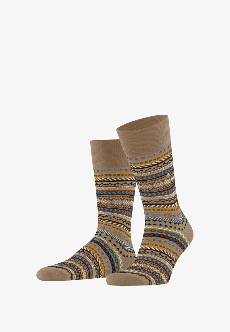 Calze a mezz'asta con motivo marrone, caratterizzate da design geometrico in blu, giallo e nero. Polsino a coste e texture liscia.