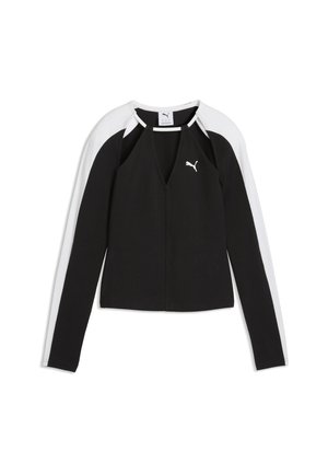 Czarny top Puma z długim rękawem, białymi ramionami i rękawami, z małym białym logo Puma na piersi i dekoltem w kształcie litery V.