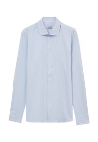 Camicia a maniche lunghe di colore azzurro chiaro con righe verticali bianche, davanti con bottoni, colletto classico e polsini con chiusura a bottone. Materiale in cotone.
