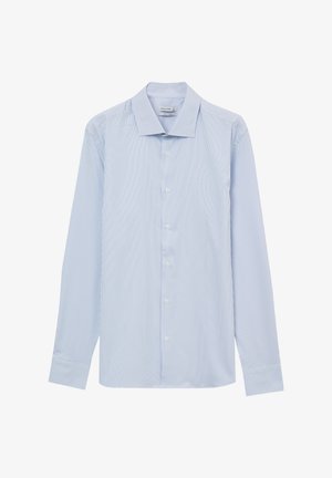 Himmelblaues Langarmhemd mit weißen Vertikalstreifen, Knopfverschluss vorne, klassischem Kragen und Manschetten mit Knopfverschluss. Aus Baumwollmaterial.