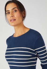 Marineblauwe ribgebreide trui met witte horizontale strepen, met een ronde halslijn en een aansluitende pasvorm. Glad materiaal en subtiele details.