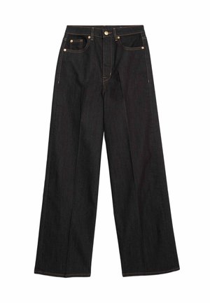 Black wide-leg jeans made of denim. Features front pockets, a button closure, and contrasting stitching details along the seams.