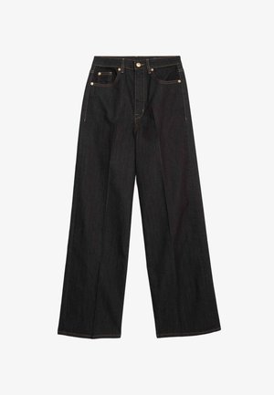 Zwarte wijde spijkerbroek van denim. Heeft voorzakken, een knoopsluiting en contrasterende stikdetails langs de naden.