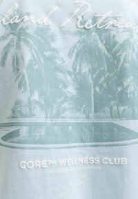 Γραφικό με φοίνικες και πισίνα με κείμενο «Core™ Wellness Club Institute for Relaxation» σε ύφασμα ανοιχτού χρώματος.