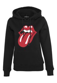 Black hoodie featuring a large red and white tongue logo on the front, made of cotton blend fabric with a kangaroo pocket and drawstring hood.