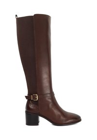 Brown leather knee-high boot with a smooth finish, elastic panel, and adjustable buckle strap. Block heel and rounded toe design.