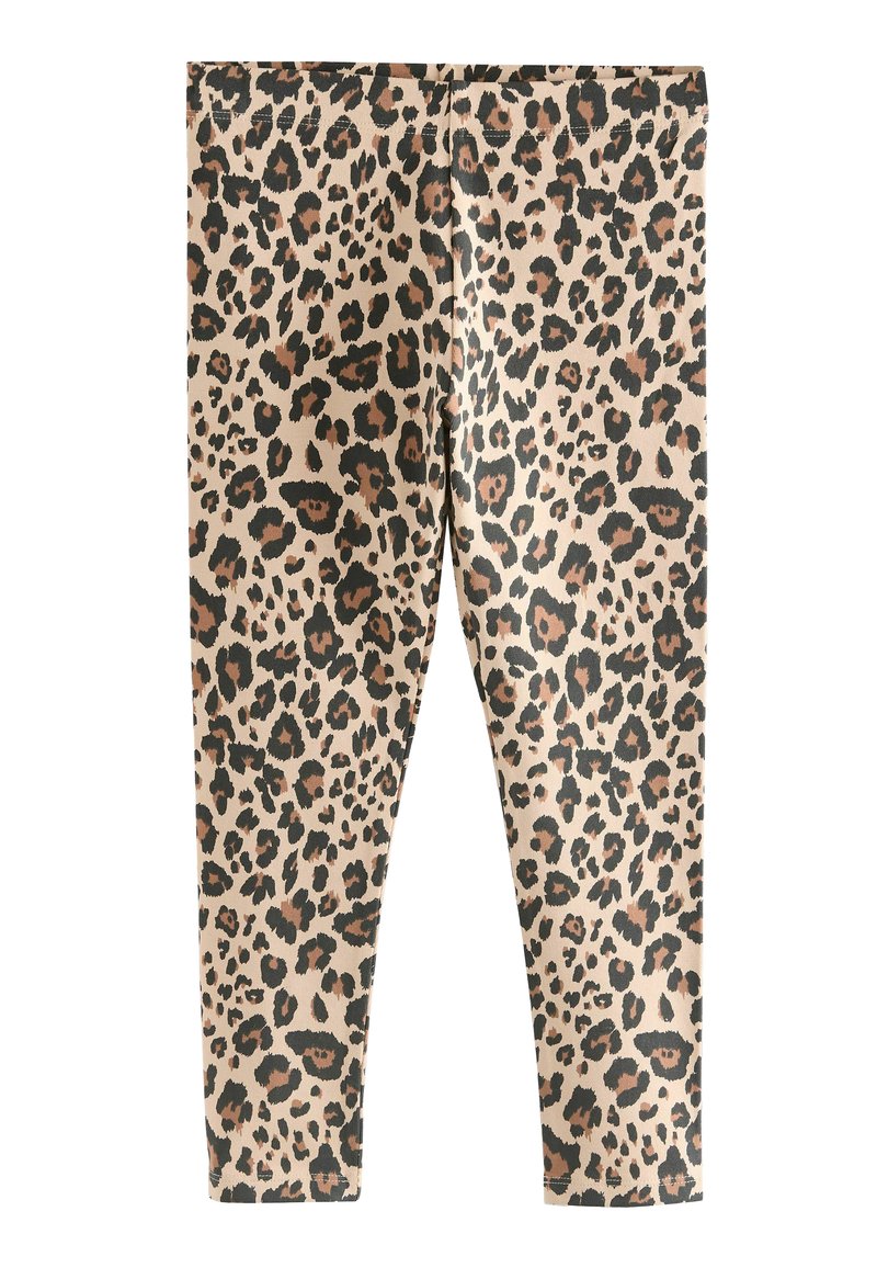 Beige leggings fekete és barna leopárdmintával, rugalmas derékkal és sima, rugalmas szövet textúrával.