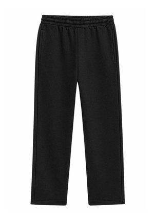 Pantalones deportivos negros de pierna recta con cinturilla elástica y bolsillos laterales, hechos de tela suave para uso casual.