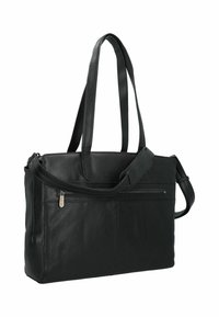 Schwarze Leder-Tote-Bag mit zwei oberen Griffen und einem abnehmbaren Schultergurt. Verfügt über eine Reißverschlussfronttasche und eine glatte Textur.