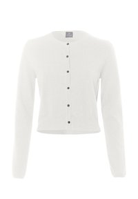 Cardigan lavorato a maglia di colore grigio chiaro con scollo rotondo, maniche lunghe e chiusura con bottoni. Presenta bottoni scuri sulla parte frontale e orlo a coste.