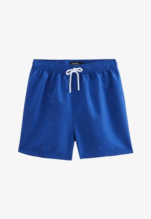 Shorts de bain bleus en tissu léger, avec une ceinture élastique munie d'un cordon blanc et sans poches visibles.