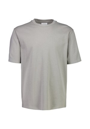 Jasnoszary bawełniany t-shirt z krótkimi rękawami, okrągłym dekoltem i luźnym krojem. Gładka faktura, bez wzorów i ozdób.