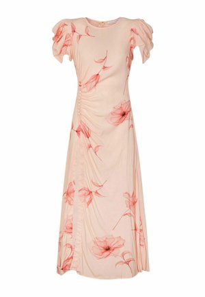 Abito midi rosa chiaro con maniche a sbuffo, stampa floreale rossa, arricciature laterali e bottoni rivestiti in tessuto lungo il pannello della vita sinistro.