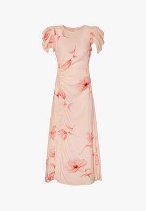 Abito midi rosa chiaro con maniche a sbuffo, stampa floreale rossa, arricciature laterali e bottoni rivestiti in tessuto lungo il pannello della vita sinistro.