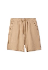 Pantaloni beige realizzati in tessuto testurizzato con vita elasticizzata, dotati di coulisse e due tasche laterali.