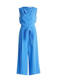 Tuta blu senza maniche con scollatura a fiasco, gambe larghe e una cintura in vita, realizzata in un tessuto morbido. Zip invisibile sul retro.