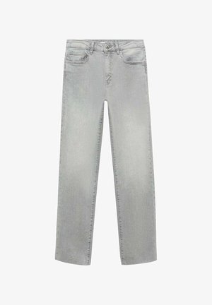 Svetlošedé džínsy s rovnými nohavicami, piatimi vreckami, gombíkovým zapínaním a jemným vyblednutím pre textúru.