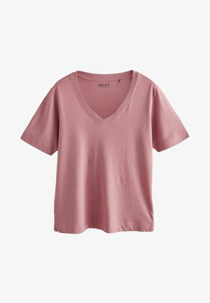 Lyserød V-hals T-shirt lavet af blødt stof, med korte ærmer og en afslappet pasform, samt syninger langs halsudskæringen.