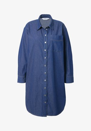 Long-sleeve denim shirt in dark blue, button-down front with silver metal buttons, single chest pocket, and contrasting stitching.