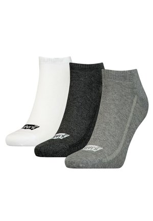 Trzy pary skarpetek do kostki w kolorach: biały, ciemnoszary i jasnoszary; wykonane z miękkiej tkaniny o prążkowanej fakturze z logo na palcu.