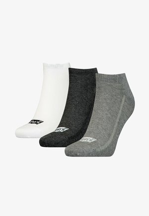 Trzy pary skarpetek do kostki w kolorach: biały, ciemnoszary i jasnoszary; wykonane z miękkiej tkaniny o prążkowanej fakturze z logo na palcu.