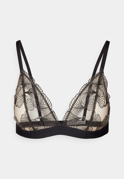Svart blonde bralette med blomsterbroderi, gjennomsiktige kopper og justerbare stropper. Myk underkant for komfort, moderne trekantet fasong.
