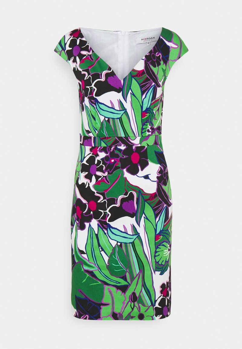 Robe avec un motif floral aux nuances de vert, noir et violet. Décolleté en V, manches courtes et ajustement à la taille. Fermeture éclair à l'arrière.
