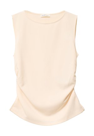Haut beige sans manches avec col rond, côtés froncés, coupe ajustée, et étiquette "Cache Cache" au col intérieur.