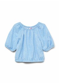 Lichtblauwe blouse met een luipaardprint, elastische halslijn en pofmouwen. Gemaakt van zachte stof, met geplooide details aan de zoom.