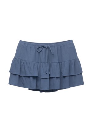 Pantaloni corti blu con balze, dotati di una cintura elastica e cordoncino. Presentano tre strati di balze e un tessuto strutturato.