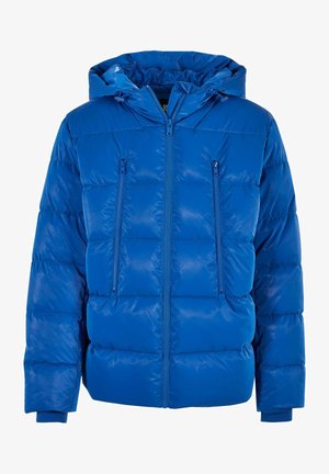 Chaqueta acolchada azul con capucha, que cuenta con dos bolsillos con cremallera, tejido suave y brillante, y puños elásticos para mayor comodidad.
