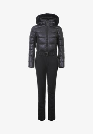 Black puffer ski suit featuring a detachable fur-lined hood, zippered pockets, a belted waist, and a streamlined silhouette for warmth.