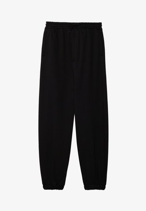 Black sweatpants with an elastic waistband, adjustable drawstring, two side pockets, and elastic cuffs at the ankles. Soft, smooth fabric.