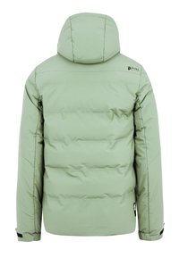Hellgrüne Pufferjacke mit Kapuze, ausgestattet mit gestepptem Design, elastischen Bündchen und einem Logo auf dem Rücken. Glattes, strapazierfähiges Material.