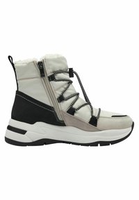 Stivali invernali con un design bianco e nero, una parte superiore in materiale sintetico, fodera in pelliccia sintetica, lacci bungee e una suola bianca spessa.