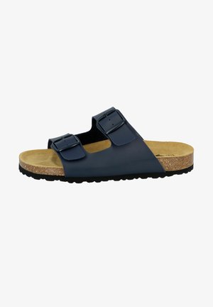 Navy blue sandal with two adjustable buckles, cork footbed, and textured black rubber sole. Minimalist design with open toe and heel.