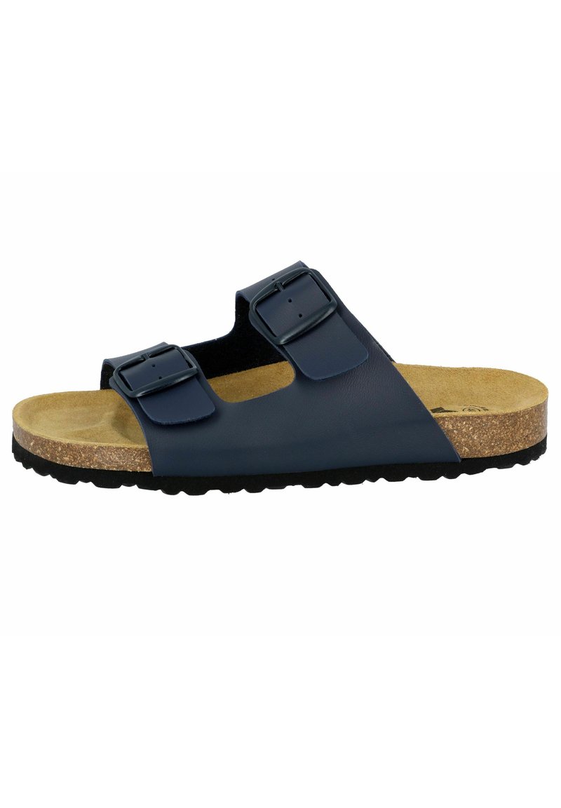 Navy blue sandal with two adjustable buckles, cork footbed, and textured black rubber sole. Minimalist design with open toe and heel.