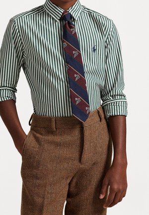 Persoon met een groen-wit gestreept overhemd met opgerolde mouwen, een blauw-bordeaux gestreepte stropdas met patroon en een bruine pied-de-poule broek.