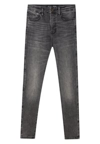 Jeans de mezclilla negra con un diseño ajustado, que presentan un estilo clásico de cinco bolsillos, cierre de botón metálico y un ligero desgastado.