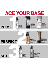 Ensemble de six produits de beauté sur un fond gris, comprenant des bouteilles et tubes transparents avec des étiquettes blanches et noires, mettant en avant différentes fonctions de maquillage.