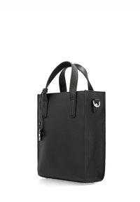 Black leather tote bag with textured surface, two top handles, a zip closure, and a silver hardware accent on the side.